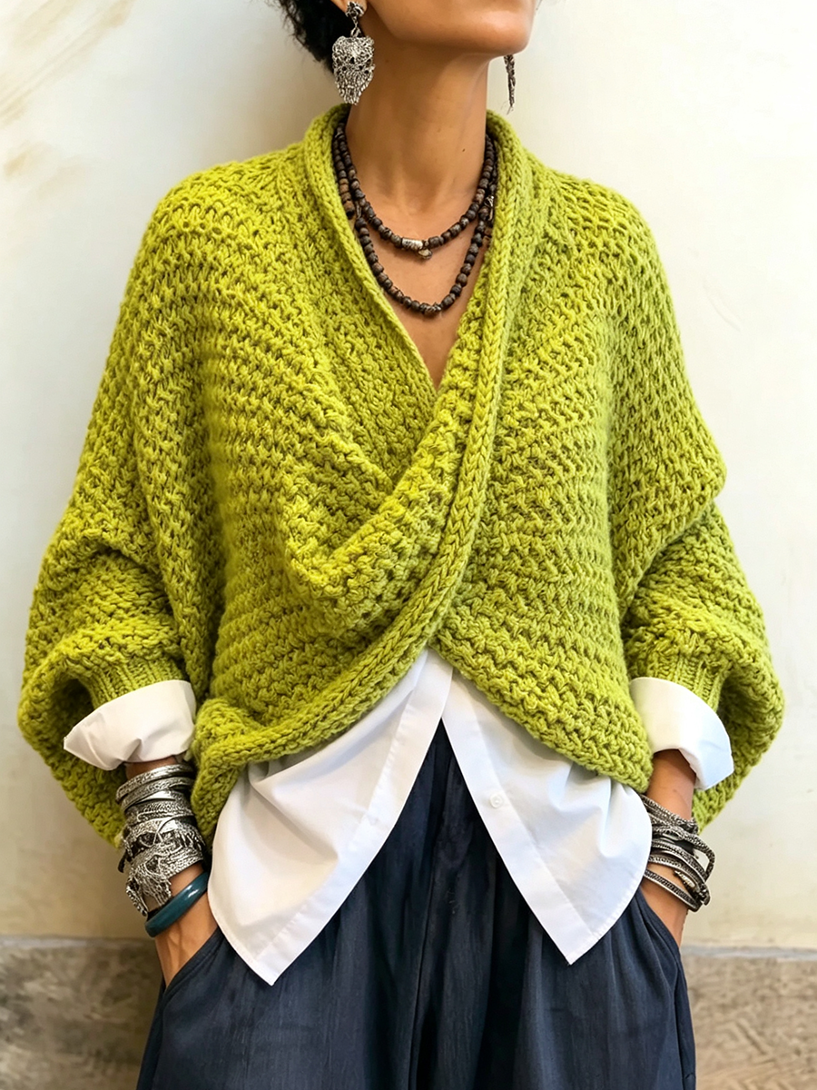 💝💝Cozy Relaxed Batwing Sleeves Crossover V-neck Sweater