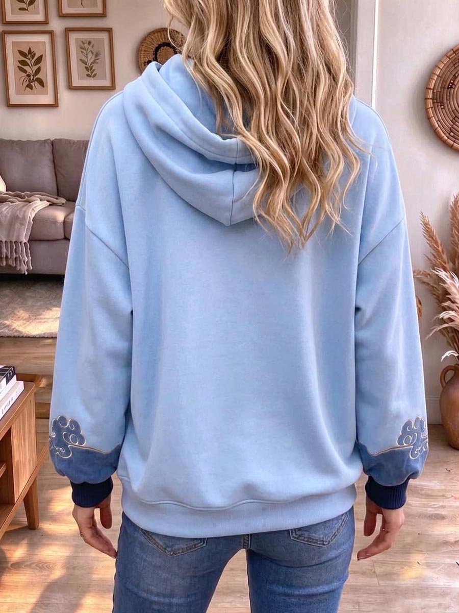 💝💝Light Blue Pullover Hoodie With Vintage Embroidery And Tassels