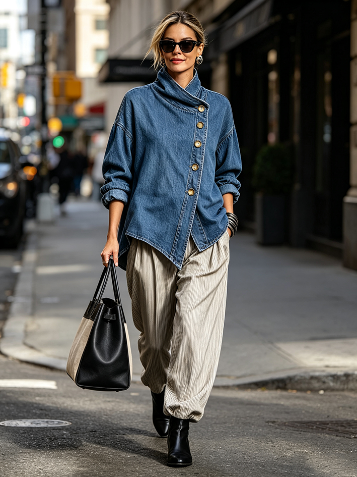🌿🌿LAST DAY SAVE 49%🔥Chic Oversized Asymmetrical Denim Shirt