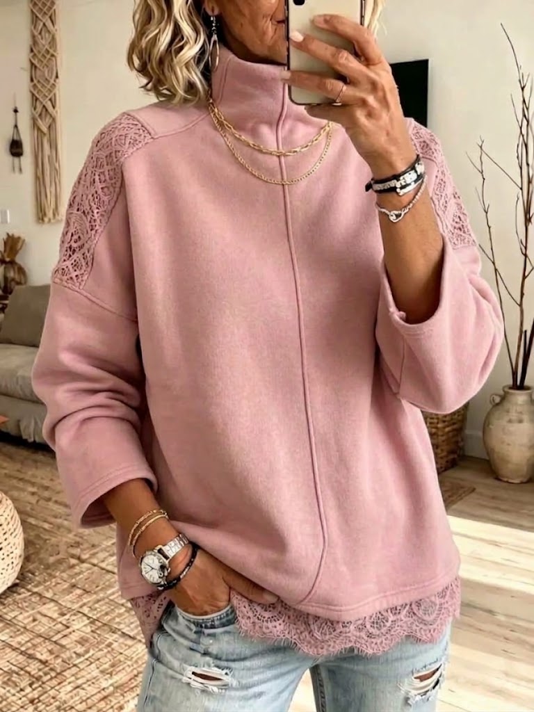 Mock-neck Casual Sweatshirt With Lace Paneling
