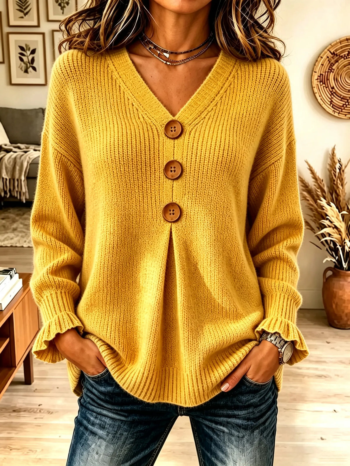 🌿🌿49% OFF🍁HOT SALE🍁Women's Big Button Pleated V-Neck Knit Sweater