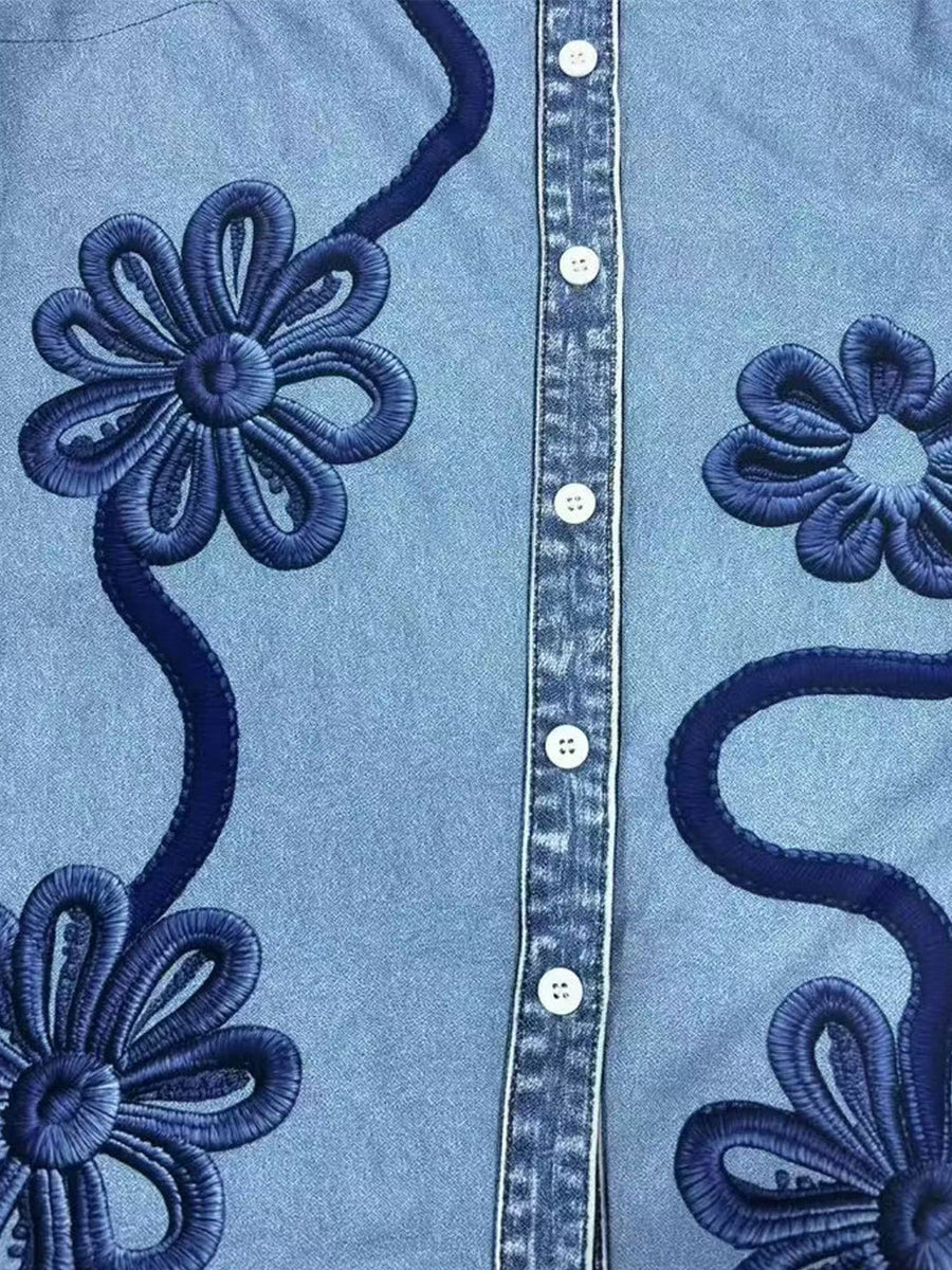 💝💝Vintage Floral Embroidered Denim Shirt