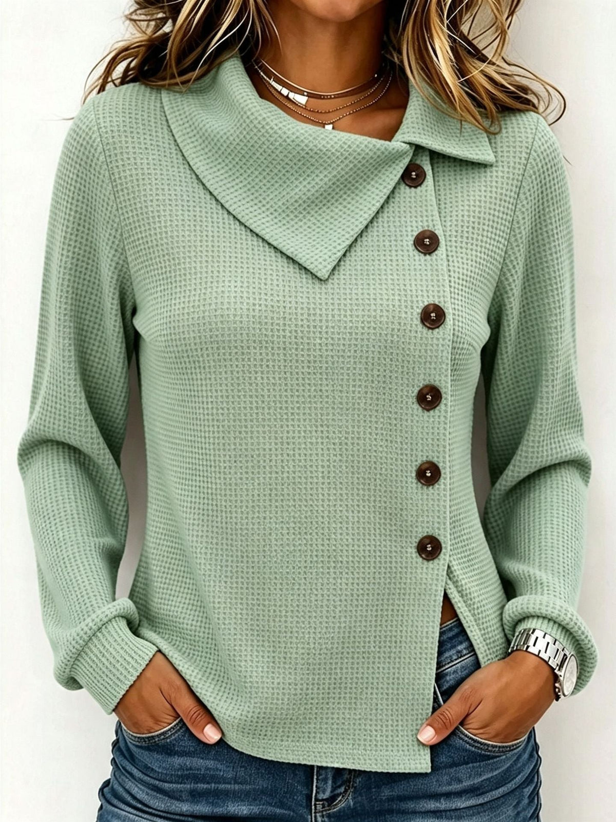💝💝Chic Asymmetric-neck Waffle-knit Top