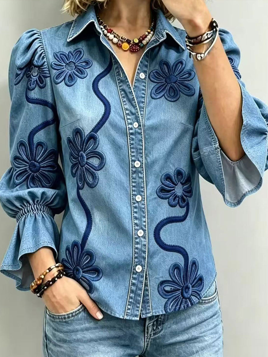 💝💝Vintage Floral Embroidered Denim Shirt