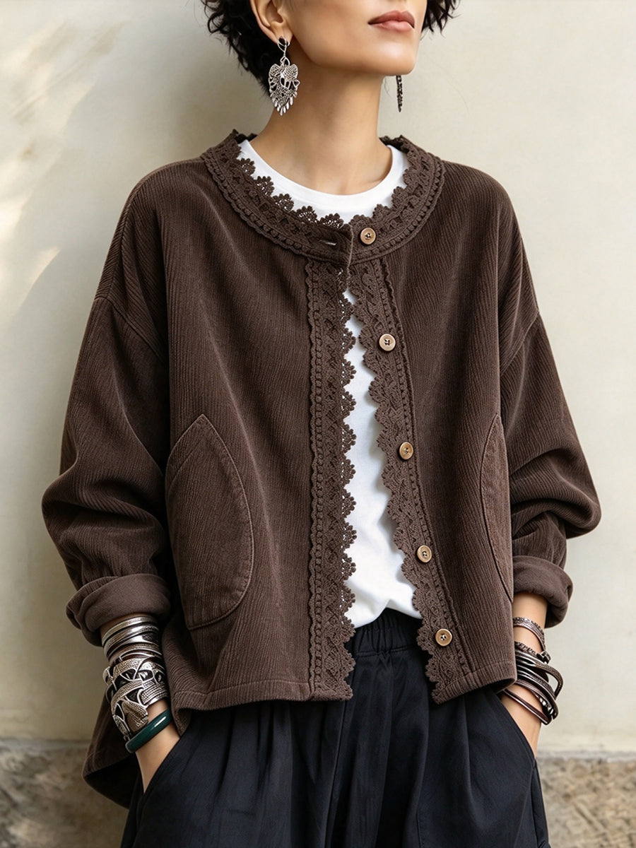 💝💝Vintage-style Casual Corduroy Jacket With Lace Trim