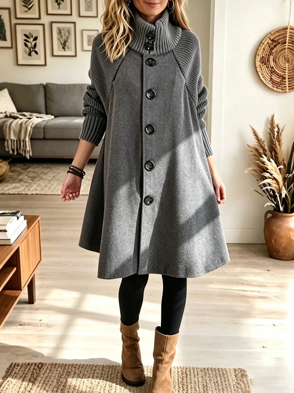 🌿🌿49% OFF🍁HOT SALE🍁Women's Ribbed Turtleneck Button-Down Woolen Swing Coat Dress