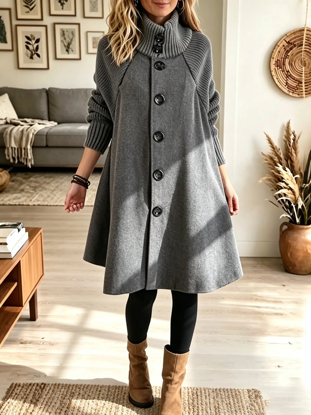 🌿🌿49% OFF🍁HOT SALE🍁Women's Ribbed Turtleneck Button-Down Woolen Swing Coat Dress