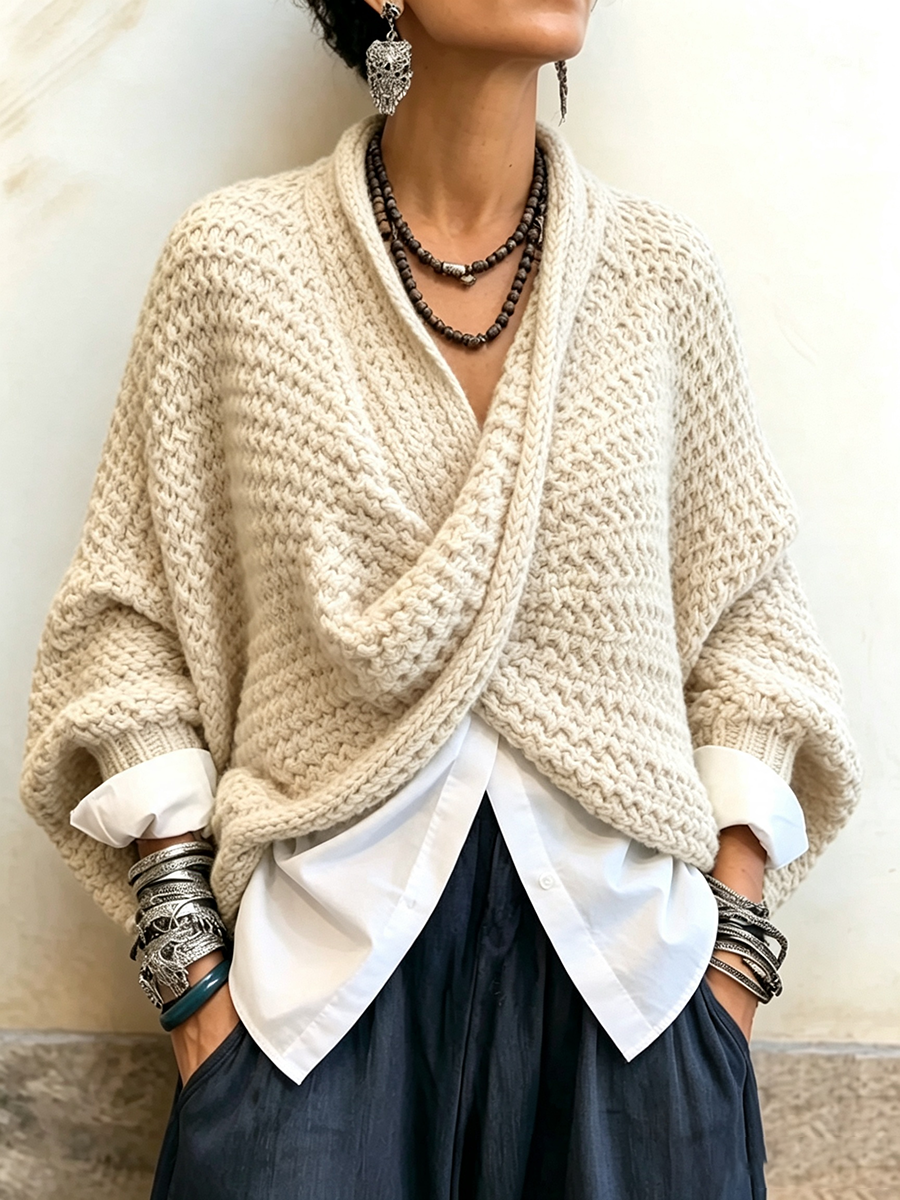 💝💝Cozy Relaxed Batwing Sleeves Crossover V-neck Sweater