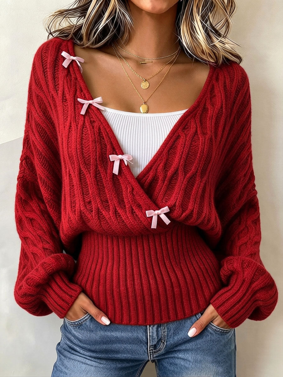 Cozy Wrap V-neck Red Bow Sweater
