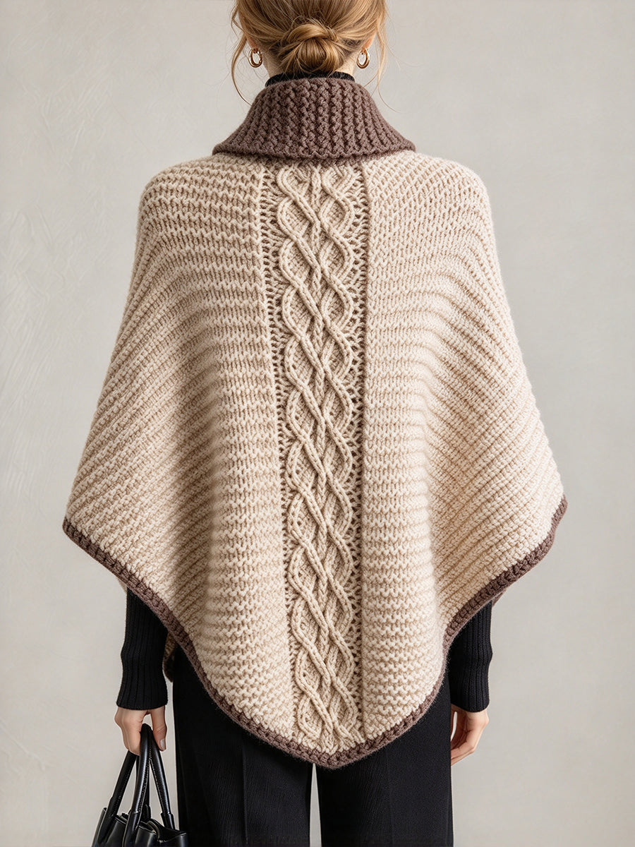 Vintage-style Elegant Color-block Chunky Knit Cape（A Random Leaf Brooch Will Be Given As A Gift.）