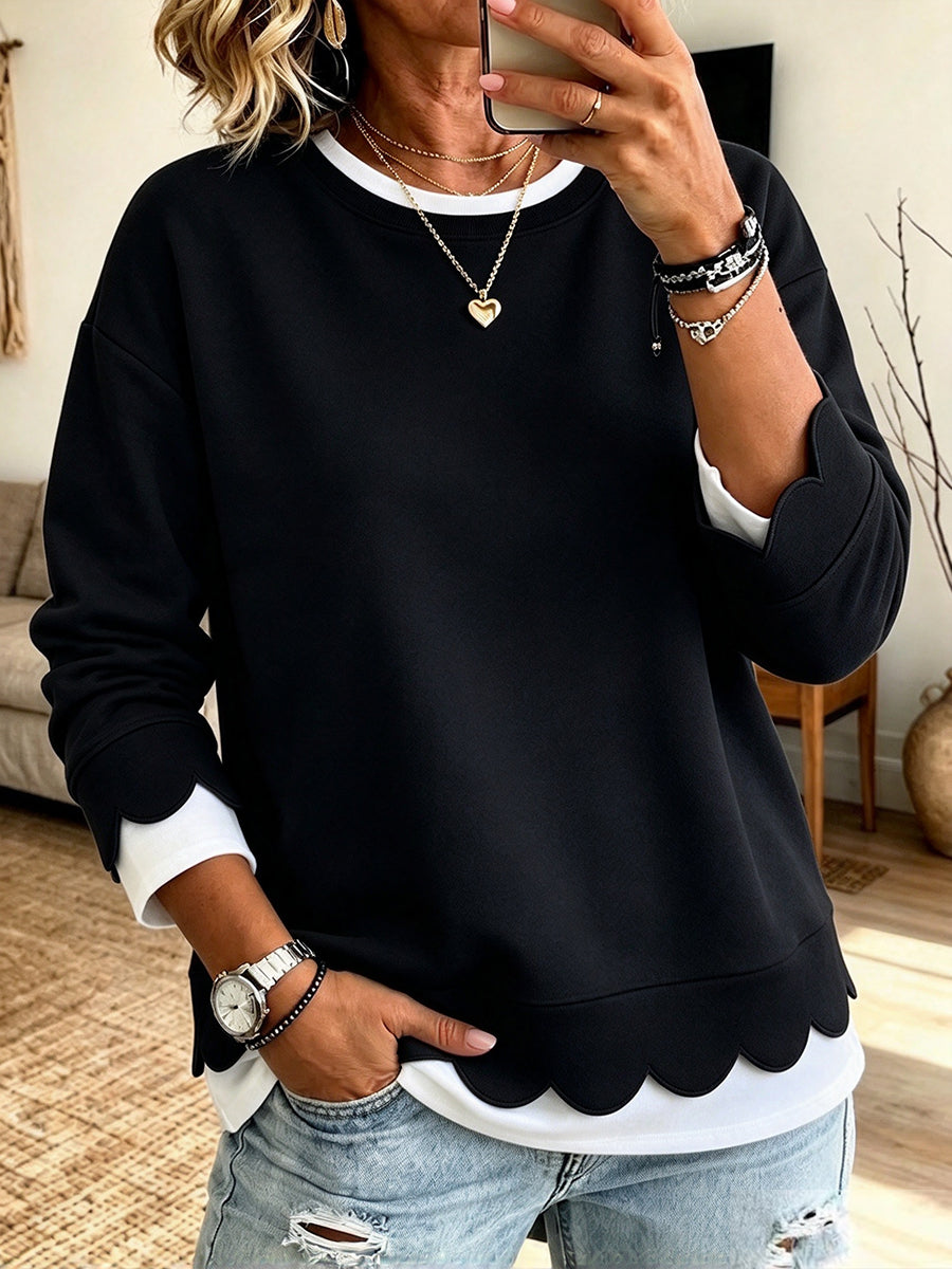 💝💝Loose, Casual "faux-layered" Sweatshirt With Scalloped Trim