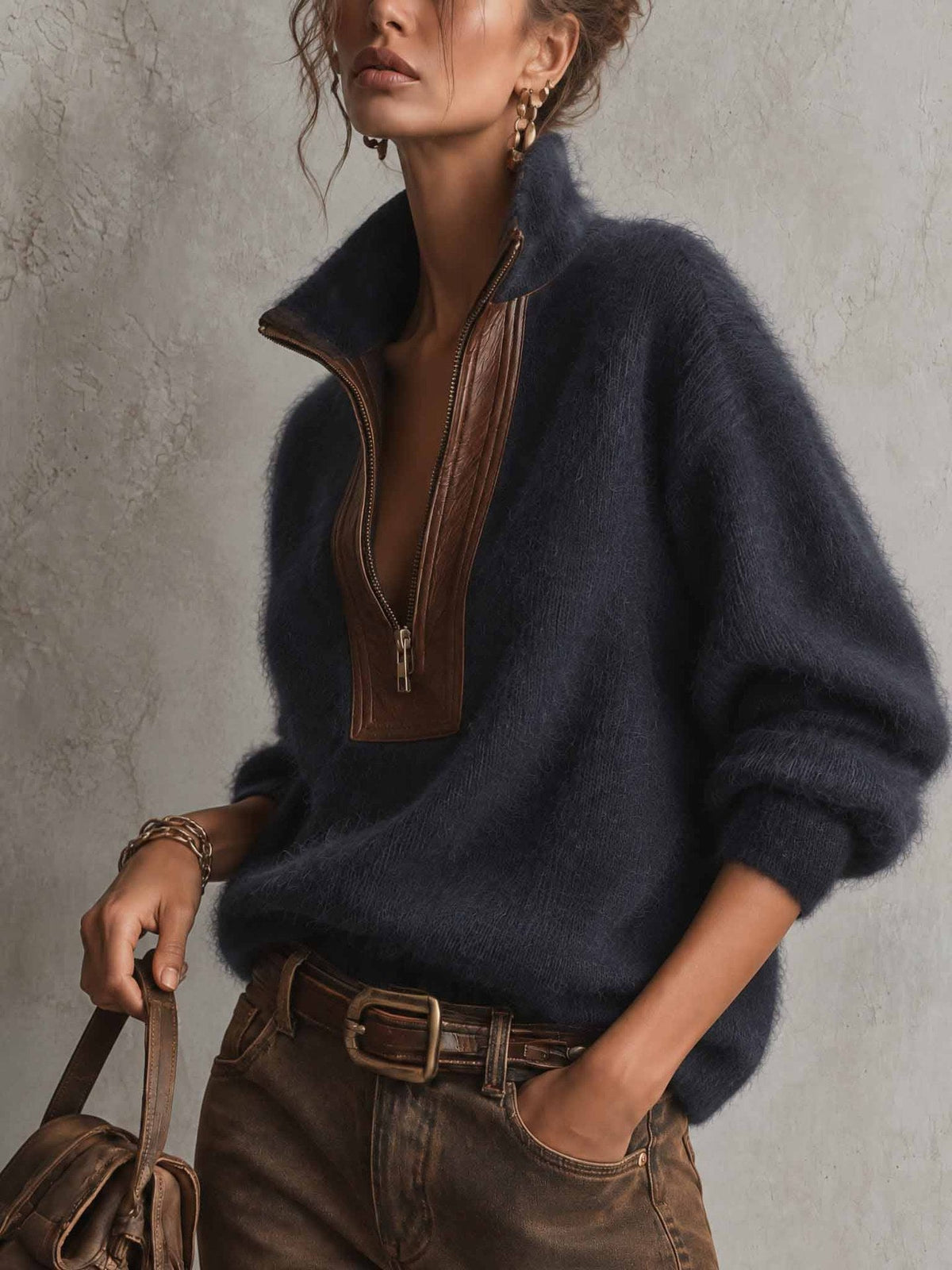 💝💝Fuzzy Wool-blend Half-zip Knit