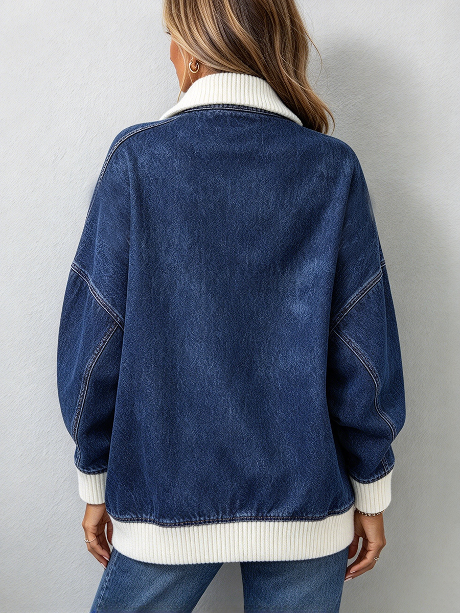 Casual Asymmetric Denim Contrast-knit Jacket