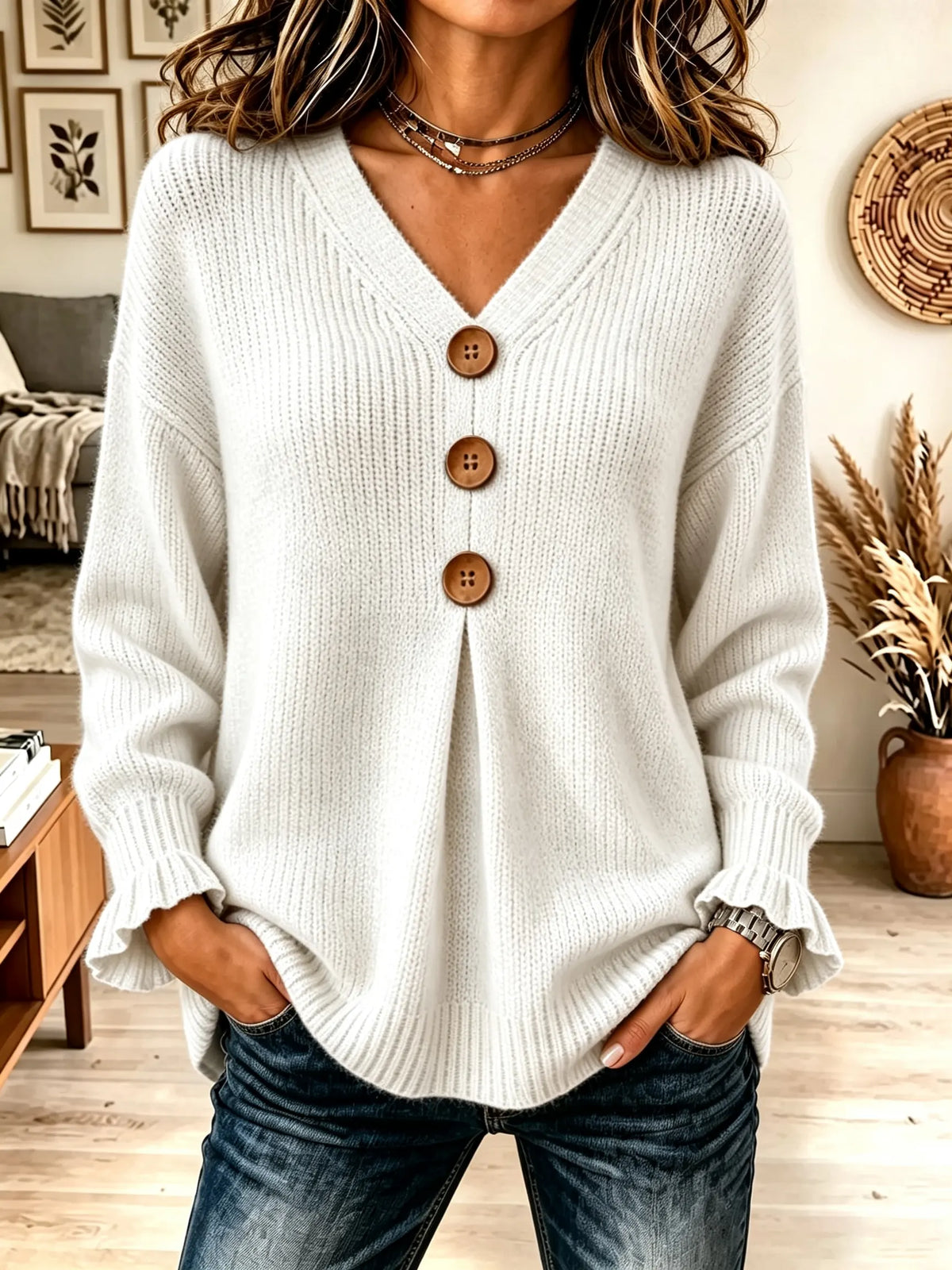 🌿🌿49% OFF🍁HOT SALE🍁Women's Big Button Pleated V-Neck Knit Sweater