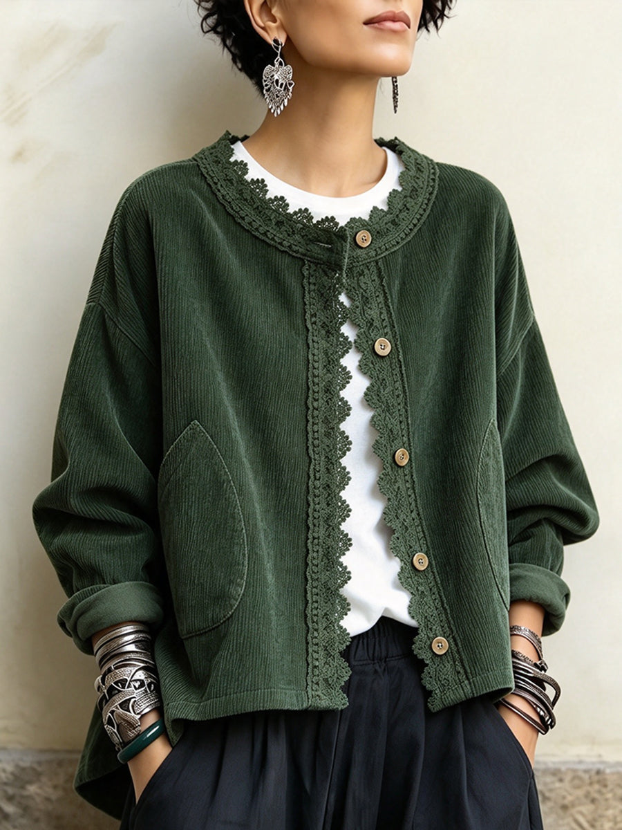 💝💝Vintage-style Casual Corduroy Jacket With Lace Trim