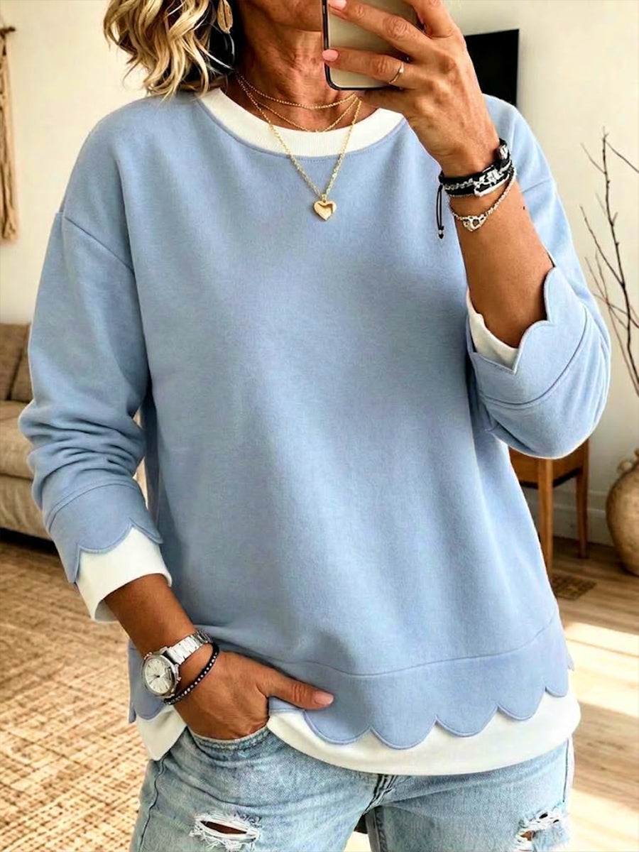 💝💝Loose, Casual "faux-layered" Sweatshirt With Scalloped Trim