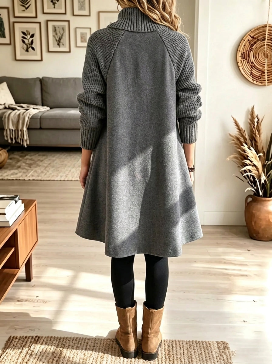 🌿🌿49% OFF🍁HOT SALE🍁Women's Ribbed Turtleneck Button-Down Woolen Swing Coat Dress