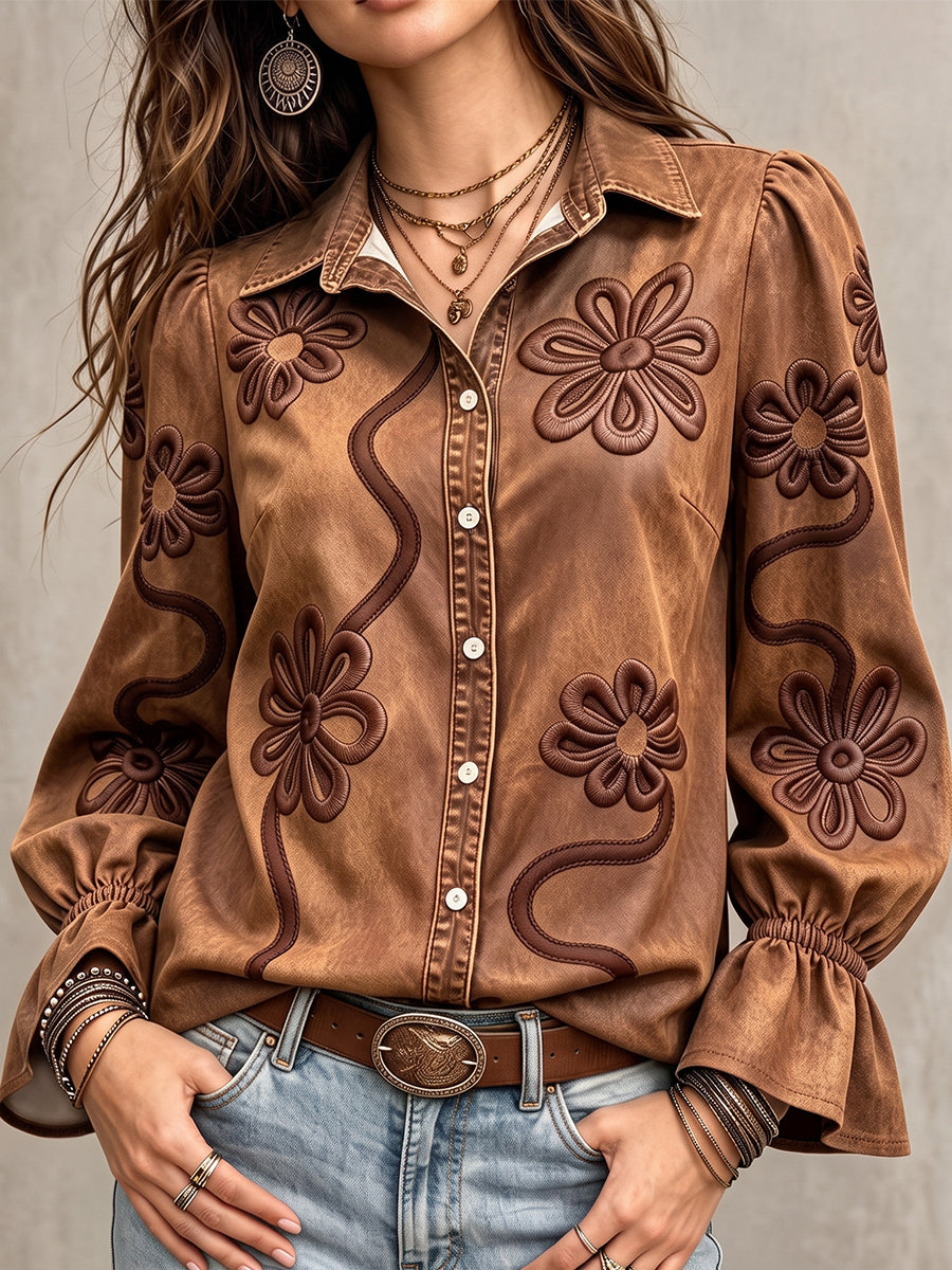 💝💝Vintage Floral Embroidered Denim Shirt
