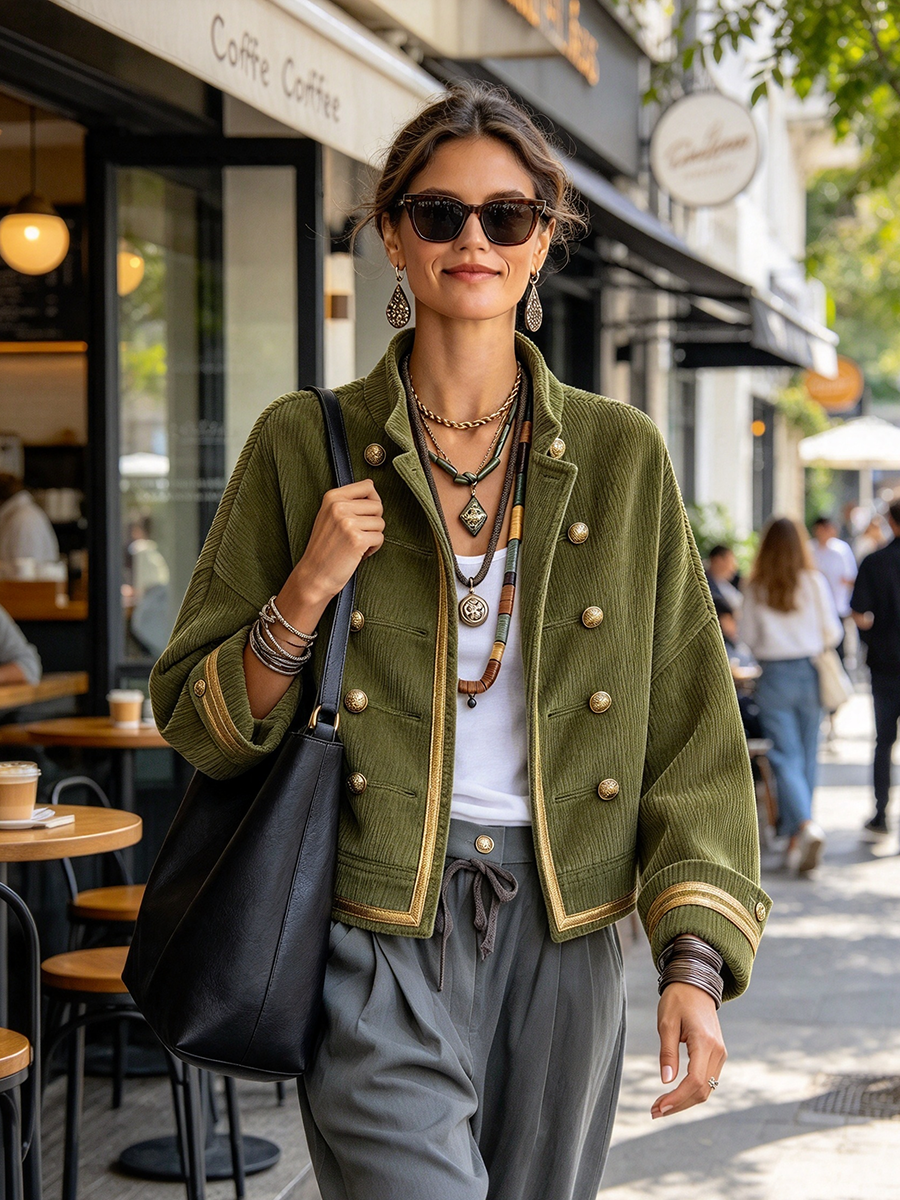 🌿🌿LAST DAY SAVE 49%🔥Casual Chic Retro Corduroy Military Cropped Jacket