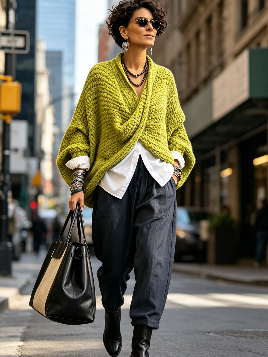 💝💝Cozy Relaxed Batwing Sleeves Crossover V-neck Sweater