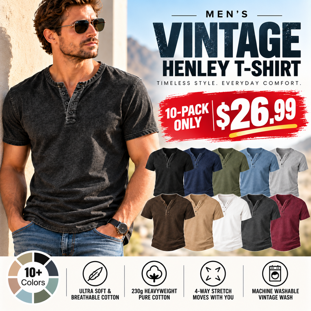 💚Men's Vintage Acid-Wash Henley T-Shirt
