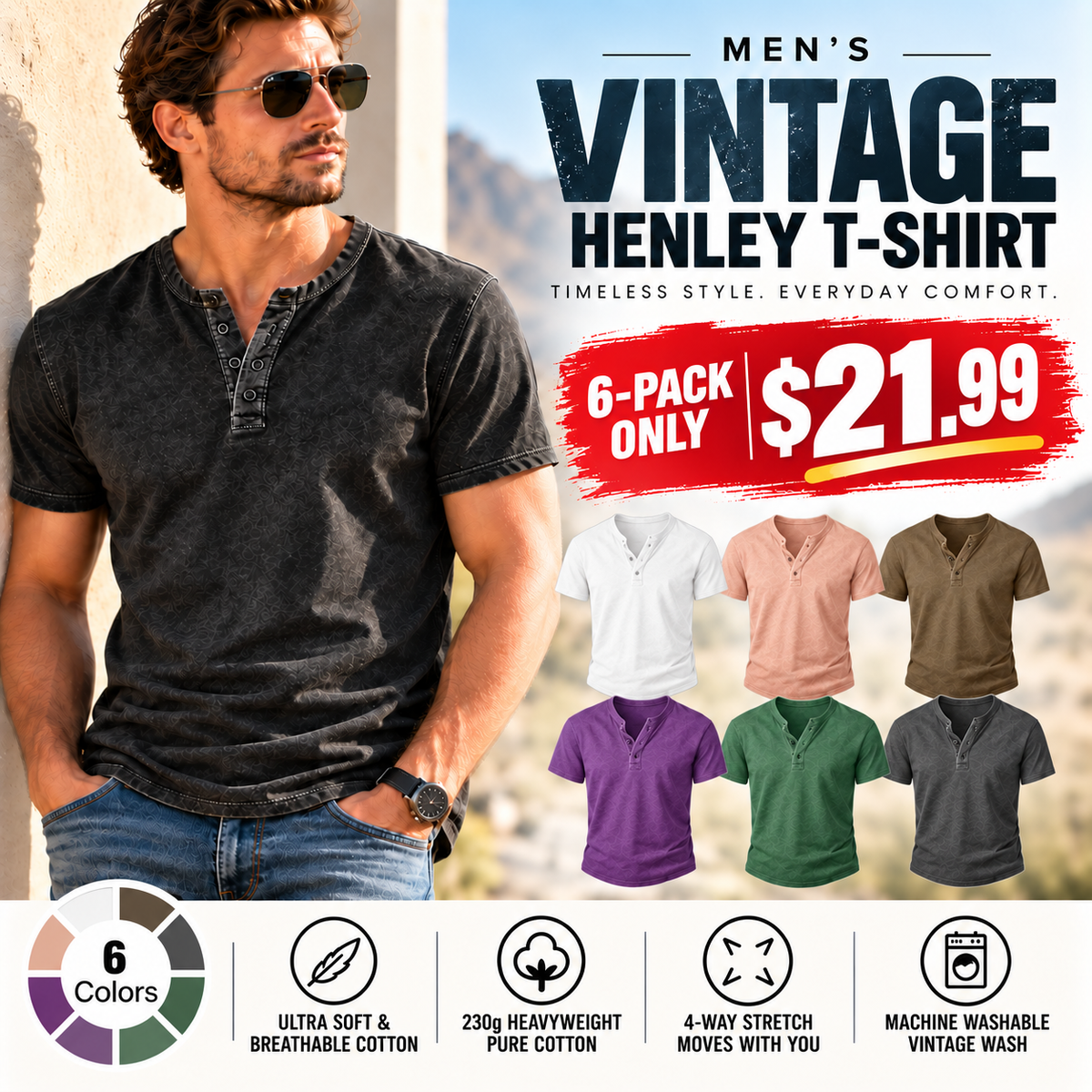 💚Men's Vintage Acid-Wash Henley T-Shirt
