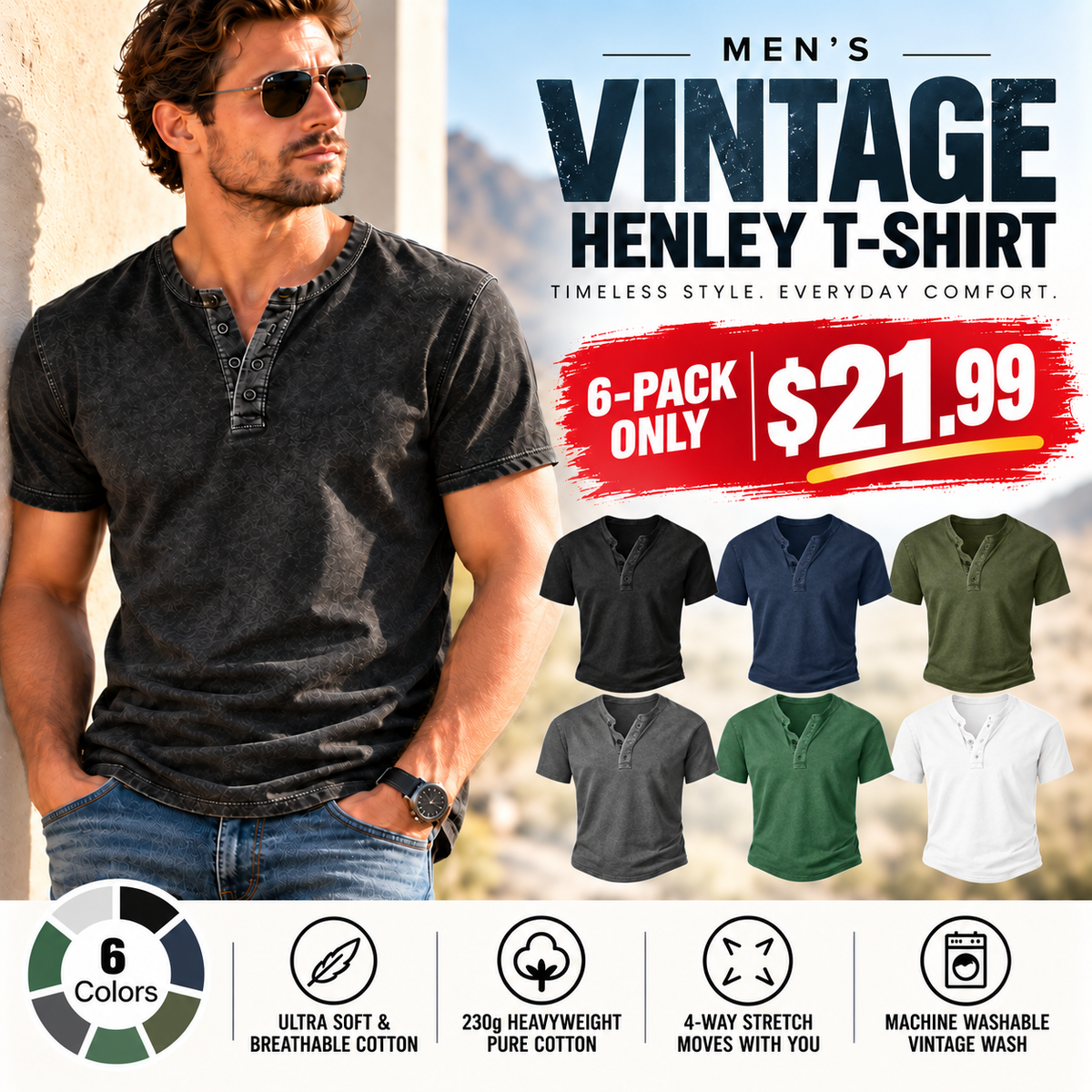 💚Men's Vintage Acid-Wash Henley T-Shirt
