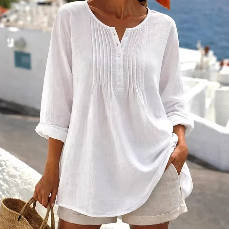 💚Women's Casual Pleated Henley Blouse – Long Sleeve Relaxed Fit Top