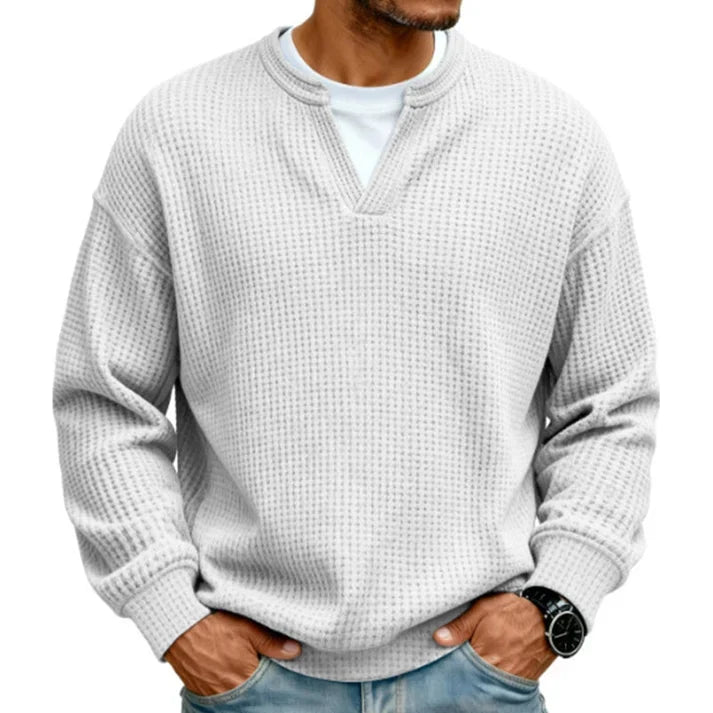 💚Men's Layered Comfort Waffle Knit Pullover – Soft Thermal Long Sleeve Sweater
