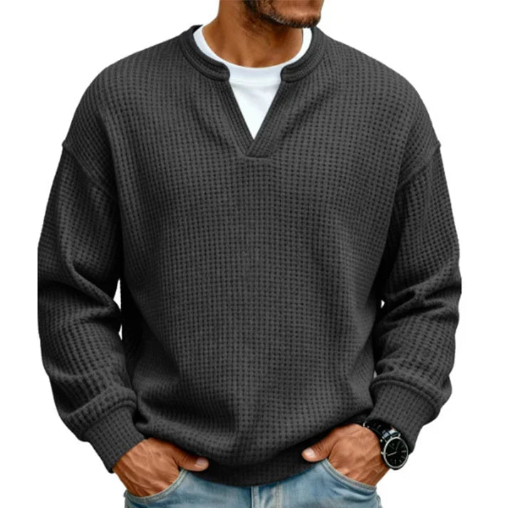 💚Men's Layered Comfort Waffle Knit Pullover – Soft Thermal Long Sleeve Sweater