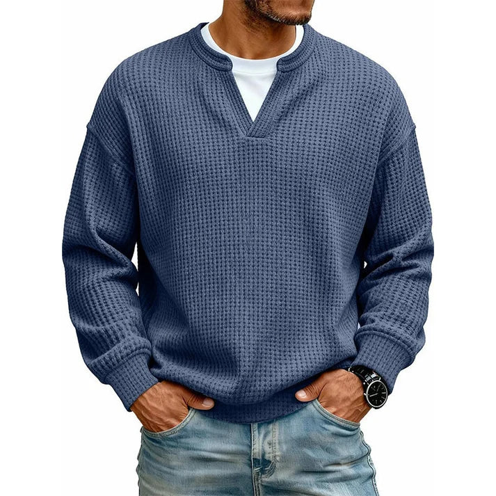 💚Men's Layered Comfort Waffle Knit Pullover – Soft Thermal Long Sleeve Sweater