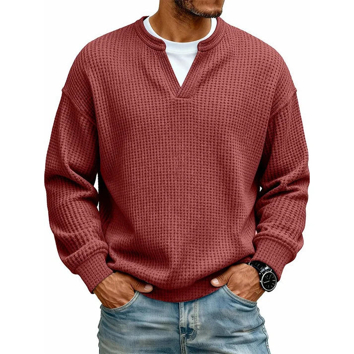 💚Men's Layered Comfort Waffle Knit Pullover – Soft Thermal Long Sleeve Sweater