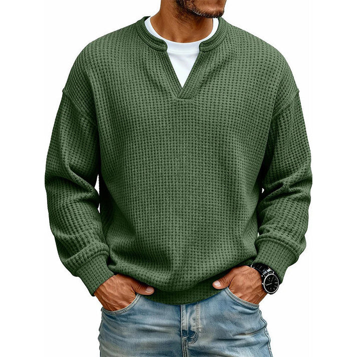 💚Men's Layered Comfort Waffle Knit Pullover – Soft Thermal Long Sleeve Sweater