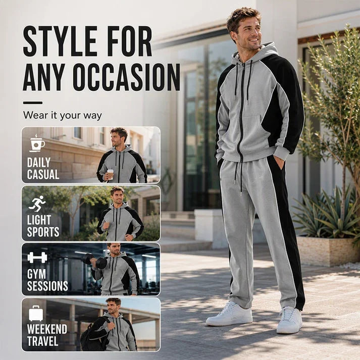 💚Easy Everyday Comfort | Men's Color-Block Zip-Up Hoodie & Sweatpants 2-Piece Set